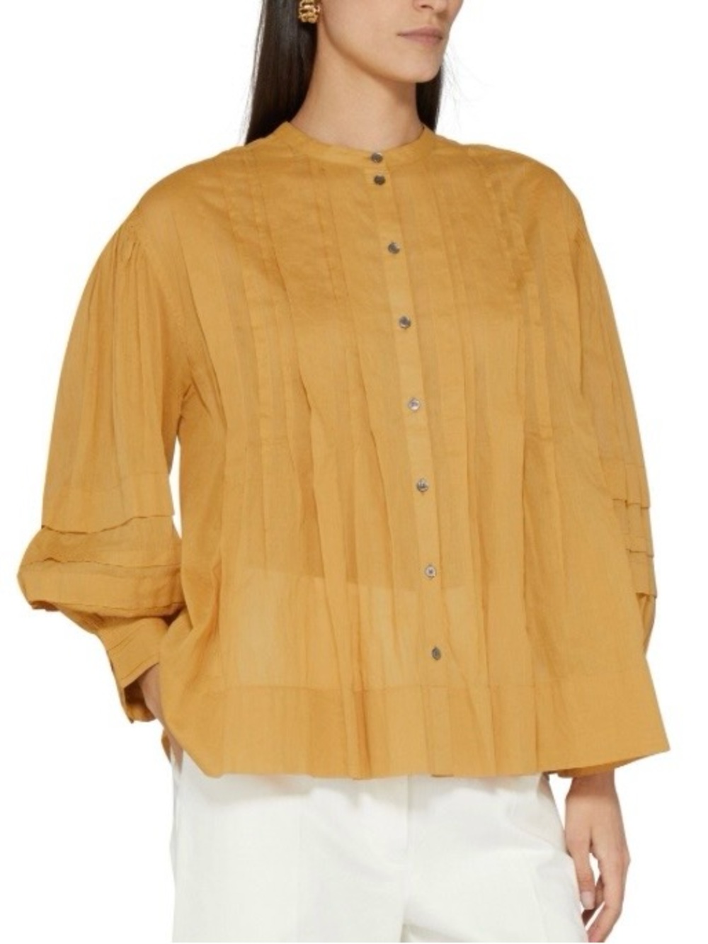 Soeur Gold Pintuck Button-Front Blouse Organza Cotton Sz 34 XS